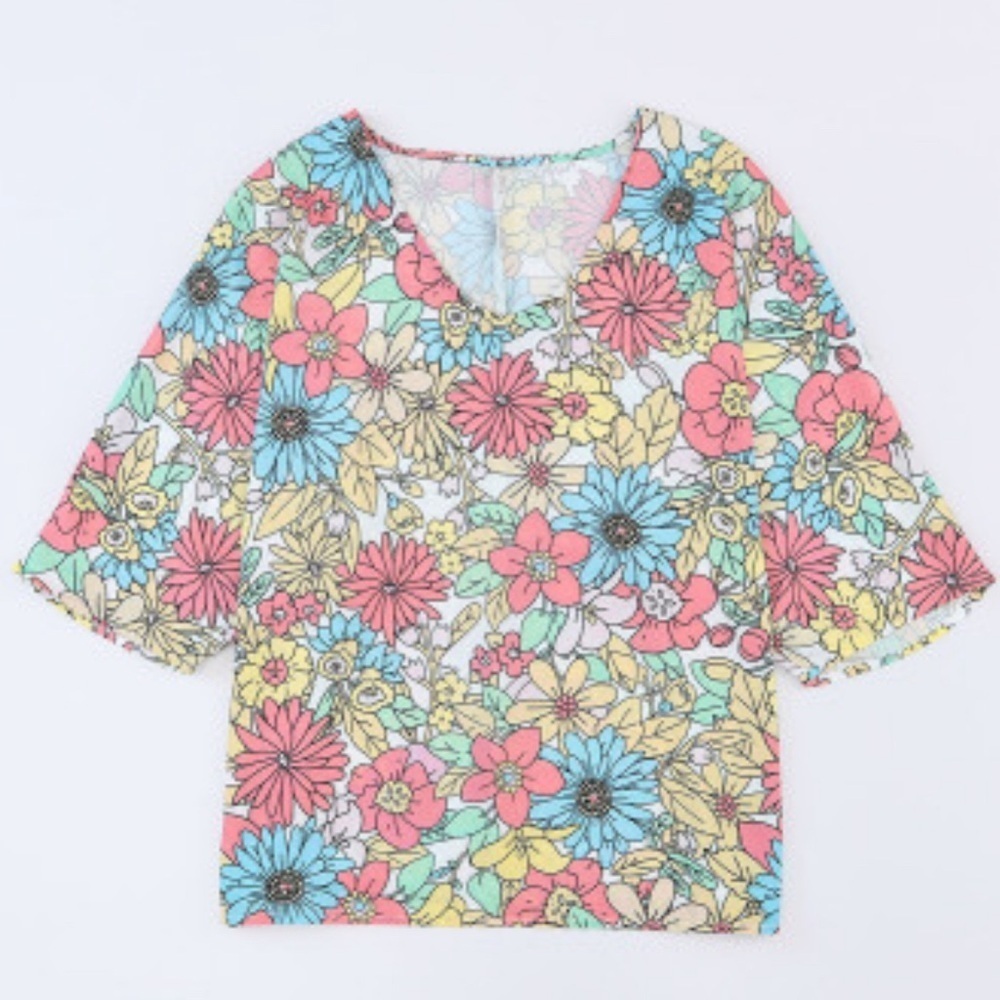 Multicolored Floral Scoop V-Neck Blouse
